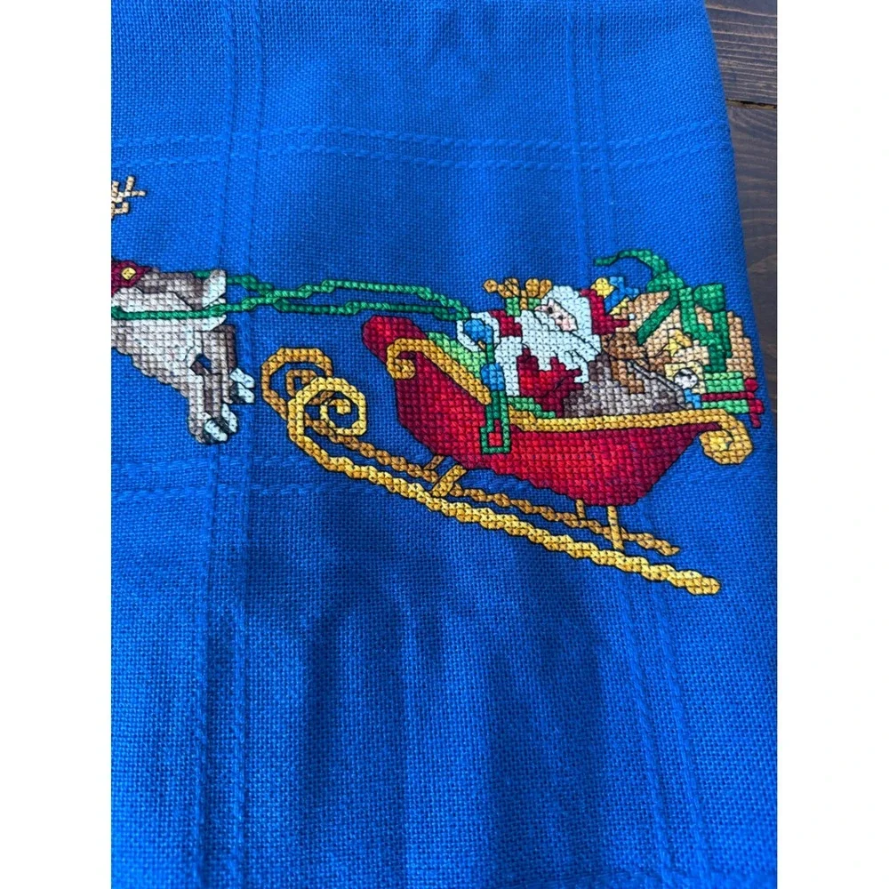 Vintage Christmas Santa Sleigh Reindeer Cross Stitch Blue Fringed Tablecloth
